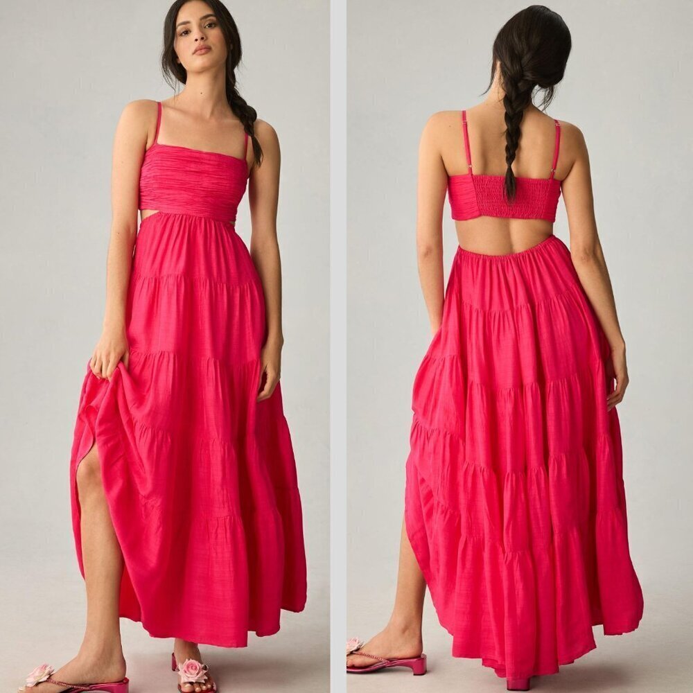 Anthropologie Let Me Be Magenta Pink Cutout Tiered Maxi Dress 3415